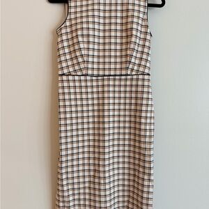 Ann Taylor Cream and Brown Plaid Midi Sheath Dress